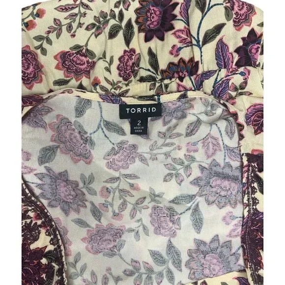 Torrid Babydoll Rayon Crepe Embroidered Lace-Up Top Sz: 2 - Picture 9 of 10